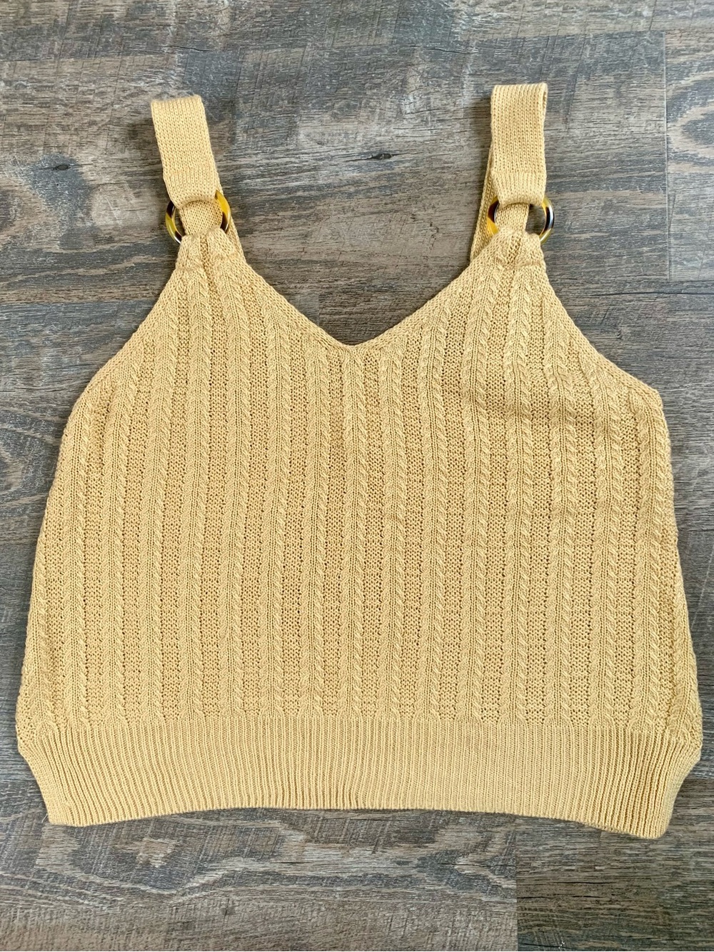 Crochet Knit  Tank Top with Tortoise Shell Ring-Detail Straps in Mustard